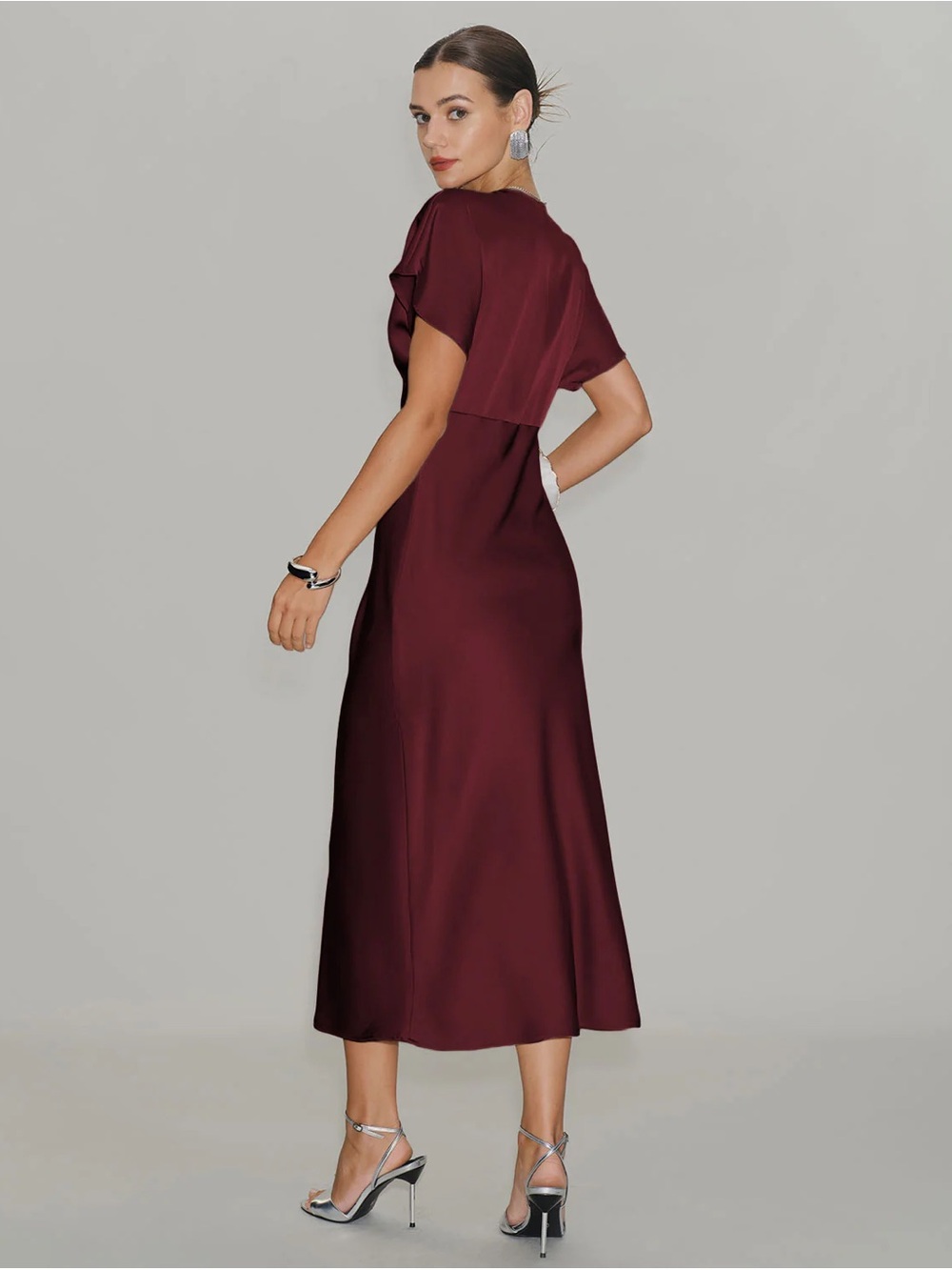 Wine Red Satin Cowl Sleeve Midi Dress - Picture 2 of 5